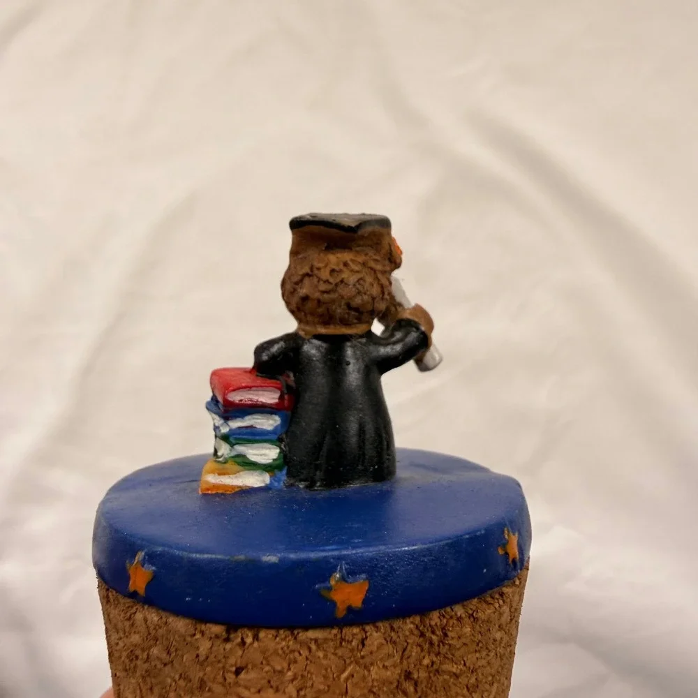 Vintage Graduation Owl Bottle Stopper Hand Painted Scholar with Books and Cork